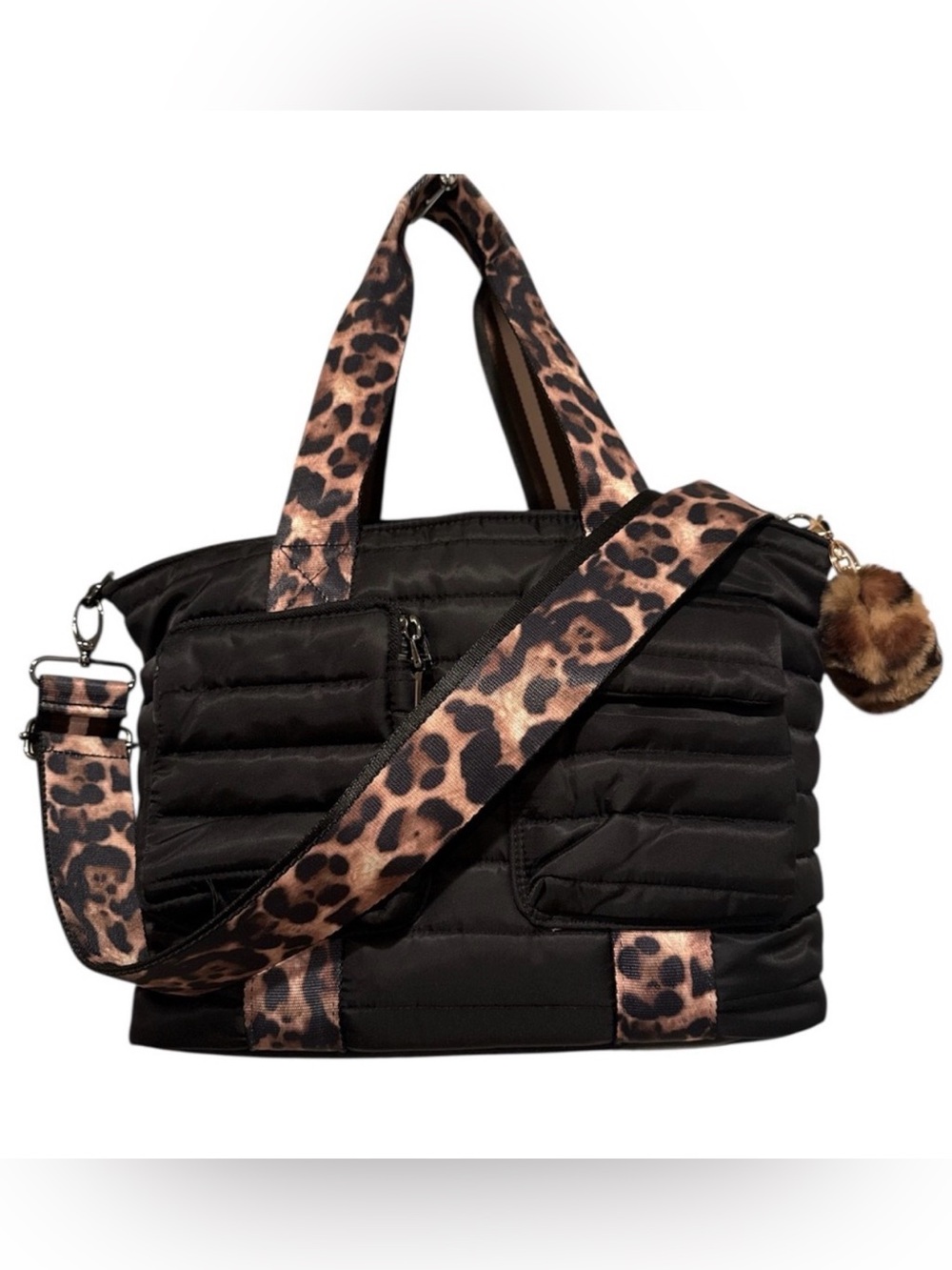 THINK ROYLN Jr Jetset Wingman - Black Quilted Tote w/Leopard Accent Straps NWOT